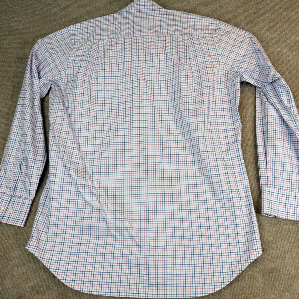 David Donahue Mens Dress Shirt 16 1/2 34/35 Blue Pink Plaid Cotton Trim Fit - Picture 9 of 15